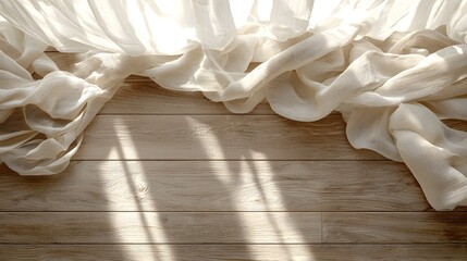 Poster - Cozy bedroom scene featuring a bed dressed with white curtain captured from above in soft studio lighting