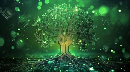 Poster - Glowing circuit tree, digital nature concept.
