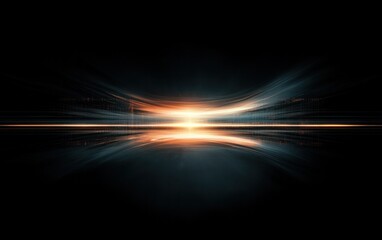 Poster - Abstract digital art depicting a vibrant sunrise or sunset reflected on a dark, reflective surface.  The image features warm orange and cool blue hues, with glowing particles suggesting energy or