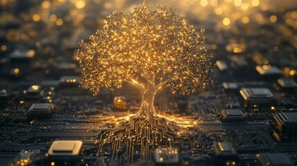 Aufkleber - Golden tree growing from a circuit board, symbolizing technological growth and innovation.