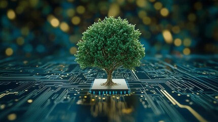 Leinwandbilder - A lush green tree growing from a computer chip, symbolizing technological growth and sustainability.