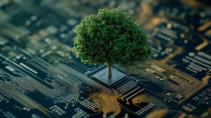 Aufkleber - Green tree growing from a microchip circuit board, symbolizing sustainable technology and eco-friendly innovation.