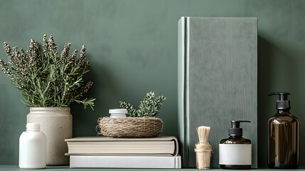 Poster - A harmonious arrangement of a book, elegant vase, and lush plant on a table showcasing zero waste essentials
