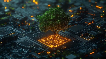 Poster - Lush green tree growing from glowing circuit board core, representing technology and nature's symbiosis.