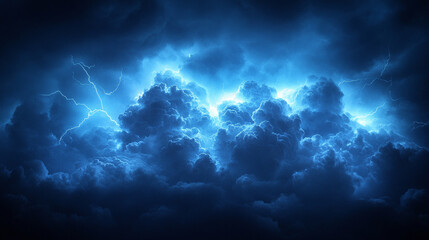  A dark sky with a bright blue streak cutting through, surrounded by a white line, while lightning illuminates clouds in the midst of the night. A modern, dramatic night scene