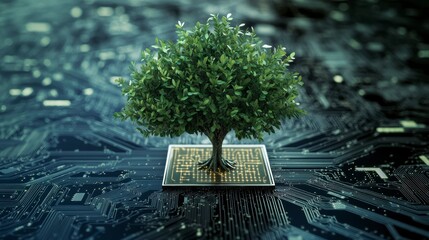 Aufkleber - Lush green tree growing on a microchip circuit board, symbolizing sustainable technology.