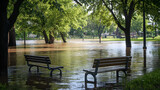 Urban Park Flooded After Heavy Rainfall, Benches Submerged in Rising Water