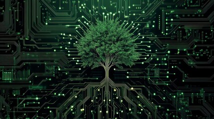 Poster - Green tree growing from circuit board, symbolizing technology and nature connection.