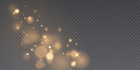 Fototapete - Golden glitter particles with bokeh effect and soft shimmering glitter glow on a transparent background.