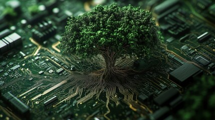 Poster - Lush green tree growing from a circuit board, symbolizing technological sustainability and nature's integration with technology.