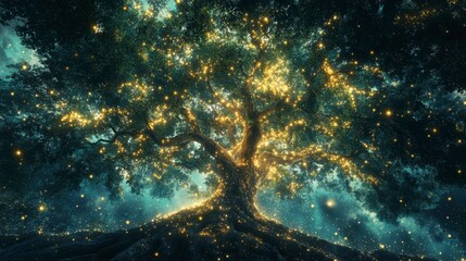 Poster - Magical glowing tree in dark forest with light particles.
