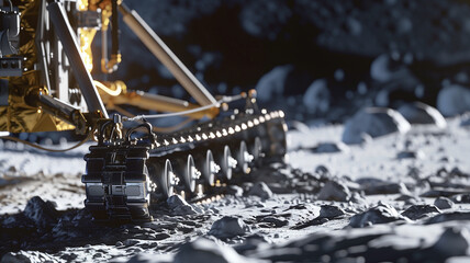 Poster - This advanced robot is excavating asteroid regolith for valuable resources in a space environment.