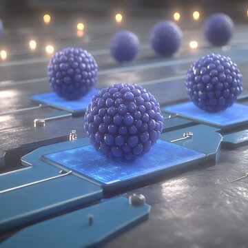 Several spherical objects sit atop blue platforms in this artistic rendering