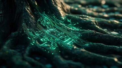 Leinwandbilder - Glowing circuit board embedded within tree roots.