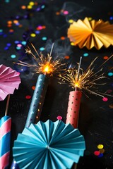 Aufkleber - Firecrackers emitting light and smoke surrounded by colorful confetti and paper fans on a black background