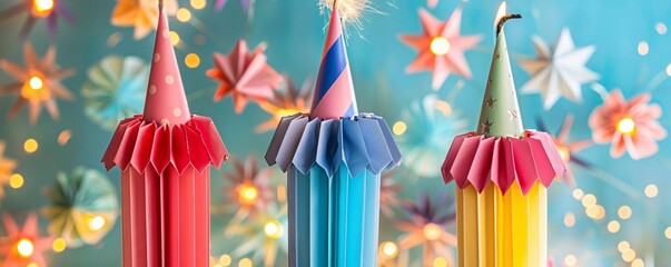 Poster - Three colorful paper party decorations with lit sparklers on a blue background with decorative paper stars and bokeh