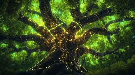Poster - Glowing circuit lines illuminate a large tree's branches and trunk, symbolizing nature and technology's interconnectedness.