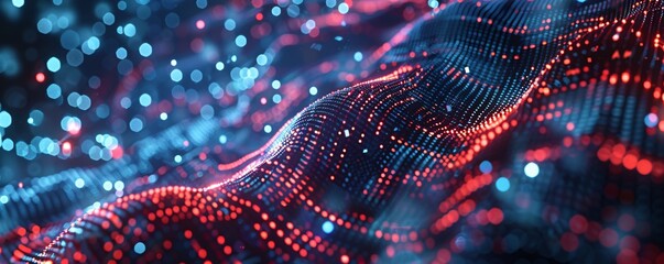 Aufkleber - Abstract red and blue particles surface is moving and forming a futuristic cyberspace structure