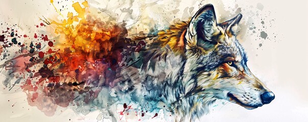 Poster - Artistic portrayal of wildlife: a stunning wolf emerges from vibrant watercolor splashes