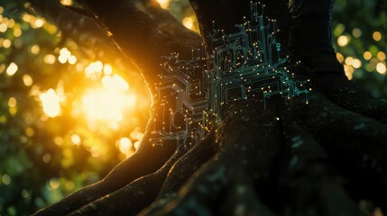 Poster - Circuit board embedded in tree roots at sunset.