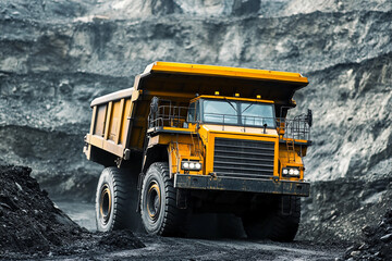 Poster - Yellow mining truck operates in coal mine during daylight Generative AI