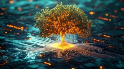 Leinwandbilder - Glowing tree growing from a circuit board, symbolizing technology and nature.