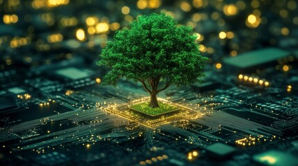 Aufkleber - A lush green tree thrives on a microchip, symbolizing sustainable technology.