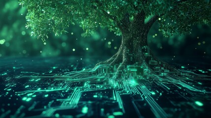 Aufkleber - Lush green tree roots intertwine with glowing circuit board, symbolizing nature and technology connection.