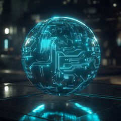 Poster - Futuristic sphere with glowing circuit board design.  A levitating, transparent orb displays intricate glowing circuits
