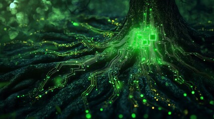 Fototapete - Glowing circuit board embedded in tree roots, symbolizing nature and technology merging.