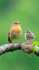 a nurtu mother robin bird tenderly watches over her young chick led in a nearby on a tree branch in 