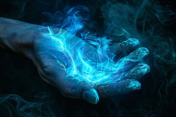 Aufkleber - Hand holds a glowing blue fireball, exuding magic and power