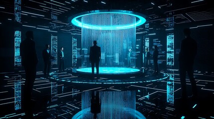Poster - Futuristic digital meeting in a glowing, high-tech space.  Silhouette figures of business professionals gather around a central circular platform, bathed in ethereal blue light