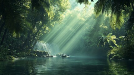 Poster - Sunbeams illuminate lush tropical rainforest waterfall and tranquil river.