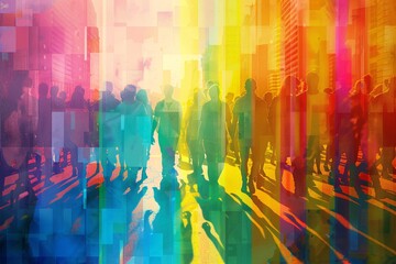 Poster - Crowd of people are walking down a city street with a colorful graphic overlay