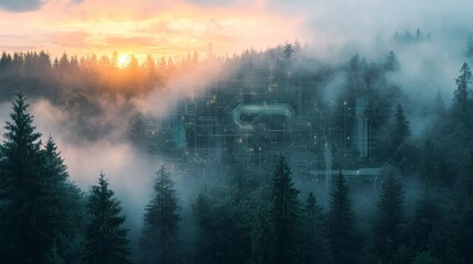 Poster - AI network visualized as glowing lines in a misty mountain forest at sunset.