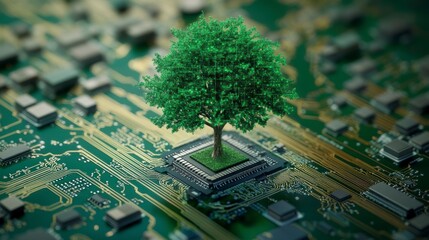Poster - Green tree growing from a computer chip on a circuit board, symbolizing sustainable technology.