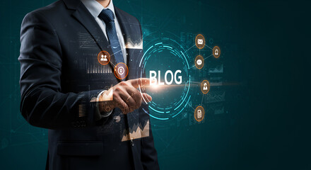 Poster - Businessman in Dark Suit Touching Blog Hologram with Tech Icons and Glowing Effect on Deep Teal Background