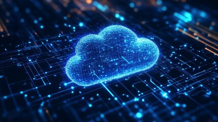 Poster - Glowing cloud data symbol on digital circuit board.