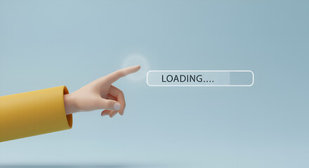 Poster - Hand Pointing Loading Bar on Light Blue Background Demonstrating Digital Progress Concept and File Transfer
