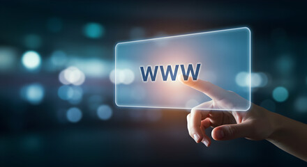 Poster - Hand Touching Www on a Glowing Screen Against Blurred Dark Background Showcasing Modern Online Digital Connectivity