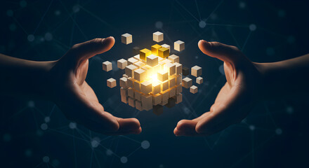 Poster - illuminated cube of blocks held by two hands on abstract dotted network background