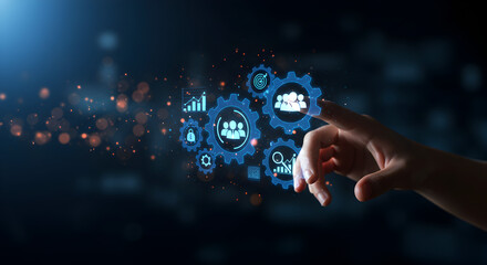 Poster - Illuminated Gears with Business and Team Icons Touched by Hand on Dark Blue Background