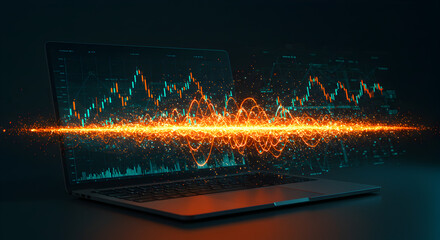 Poster - Laptop Displaying Data Analysis Chart with Glowing Orange Visualizations on Dark Background