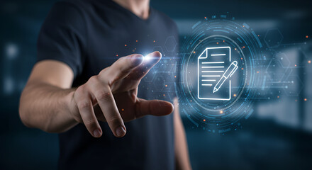 Poster - Man Interacting with Digital Document Interface with Glowing Effects in a Modern Dark Environment Featuring a Holographic Icon