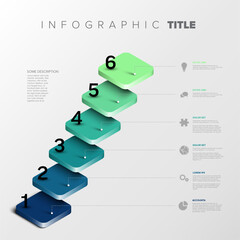 Poster - A visually appealing 3D gradient step infographic features six numbered sections, with connected text areas for detailed descriptions. Perfect for presentations and sequential data visualization.
