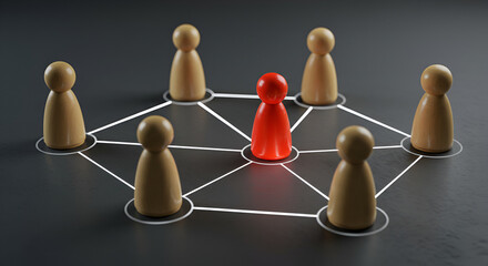 Poster - Wooden Peg Figures in Network with One Red Under Spotlight on Dark Gray Background