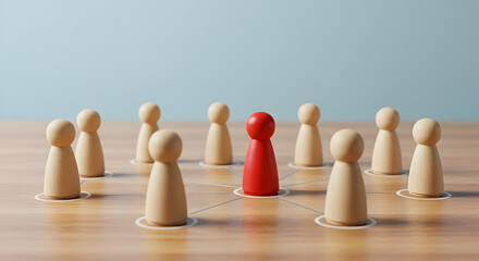 Poster - Wooden Figurines Depicting Leadership and Networking on Wood Table against Light Blue Background