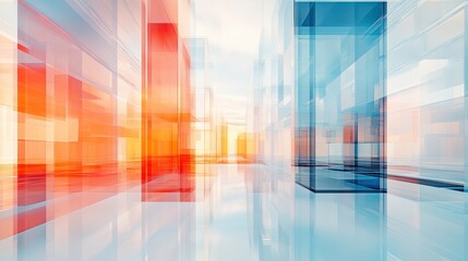 Poster - Abstract architecture with red and blue glass structures.