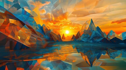 Poster - Low-poly art of a sunset over a calm lake reflecting mountains.